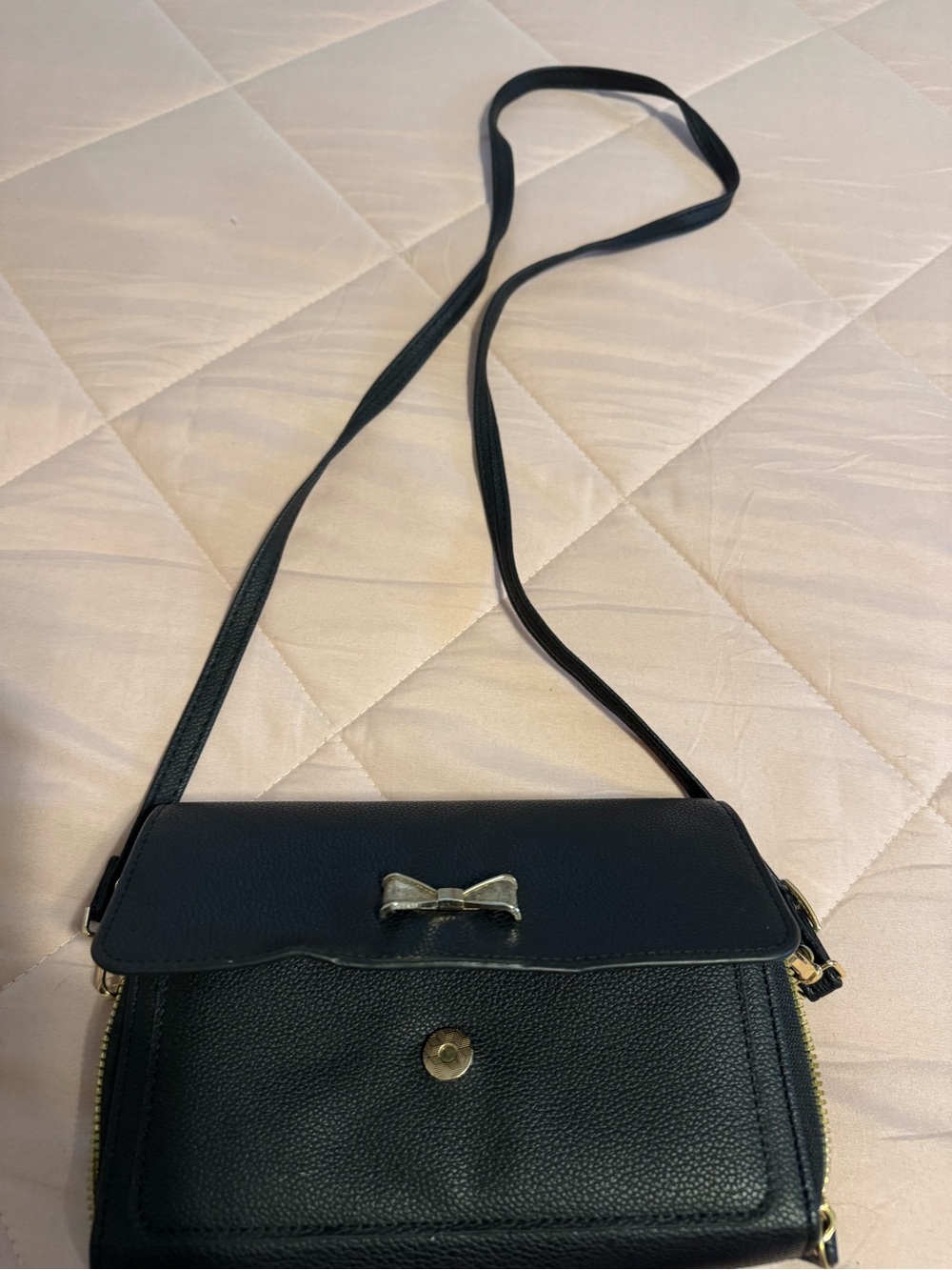Black Crossbody Bag with Gold Bow Accent